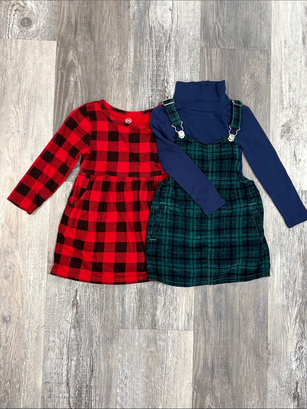 wonder nation Red Buffalo Plaid Long-Sleeve Dress & Green Plaid Pinafore Set